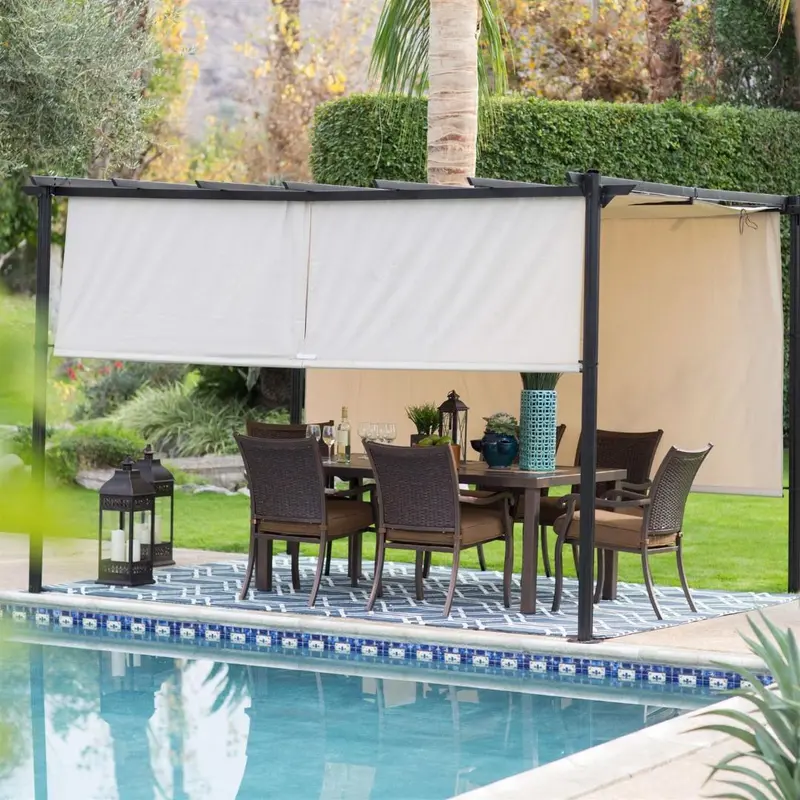 10' X 12' Dark Brown Steel Pergola With Retractable Ivory Canopy 1