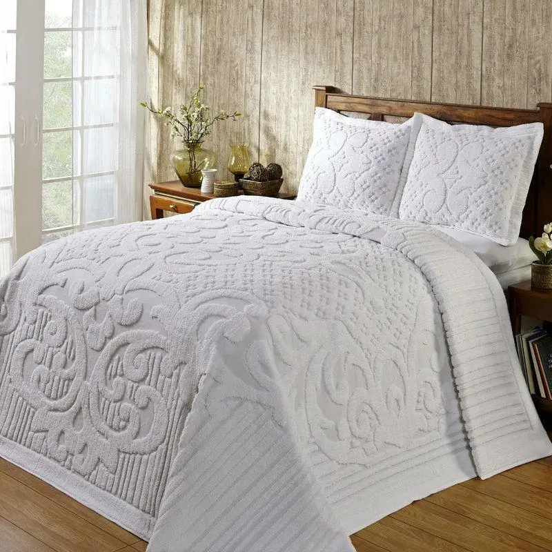 100% Cotton Chenille Queen Bedspread Set – Crisp White With Matching Shams 1