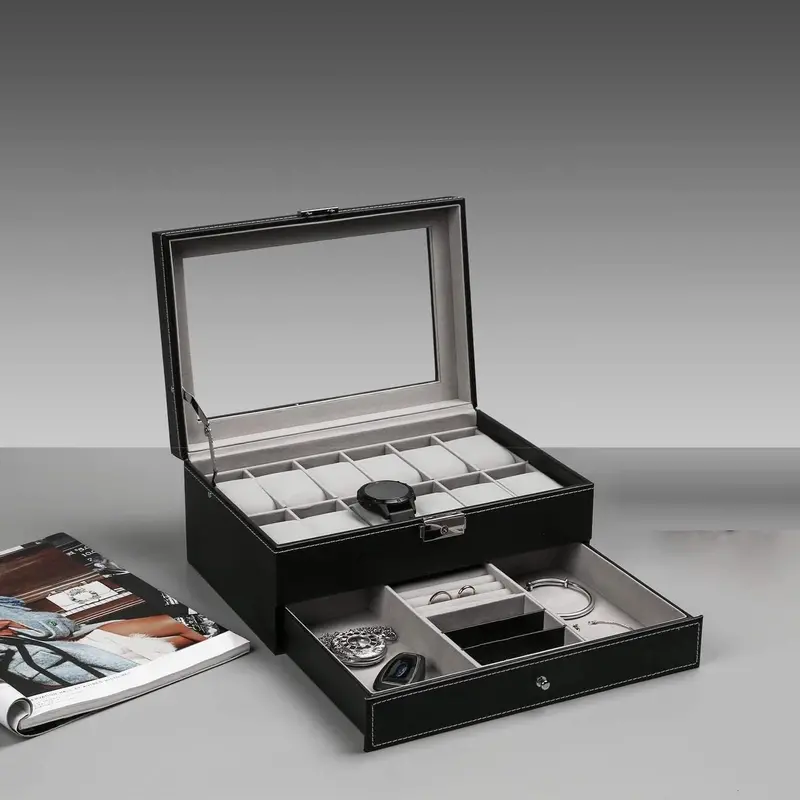 12-Slot Pu Leather Jewelry Box – Lockable Watch & Accessory Storage Case In Matte Black 1