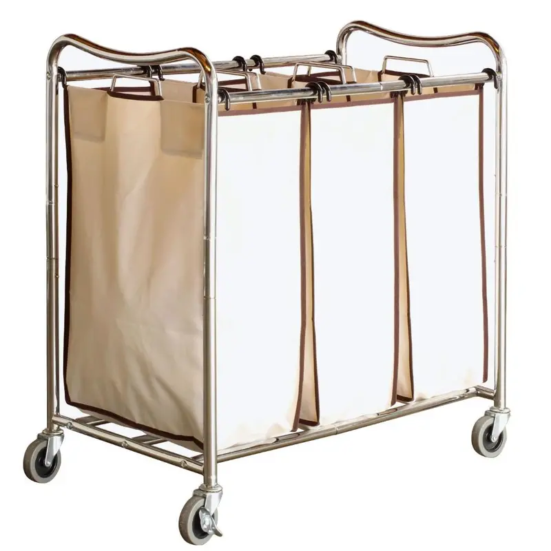 3-Bag Heavy-Duty Laundry Cart With Cream-Tan Hampers And Locking Casters 1