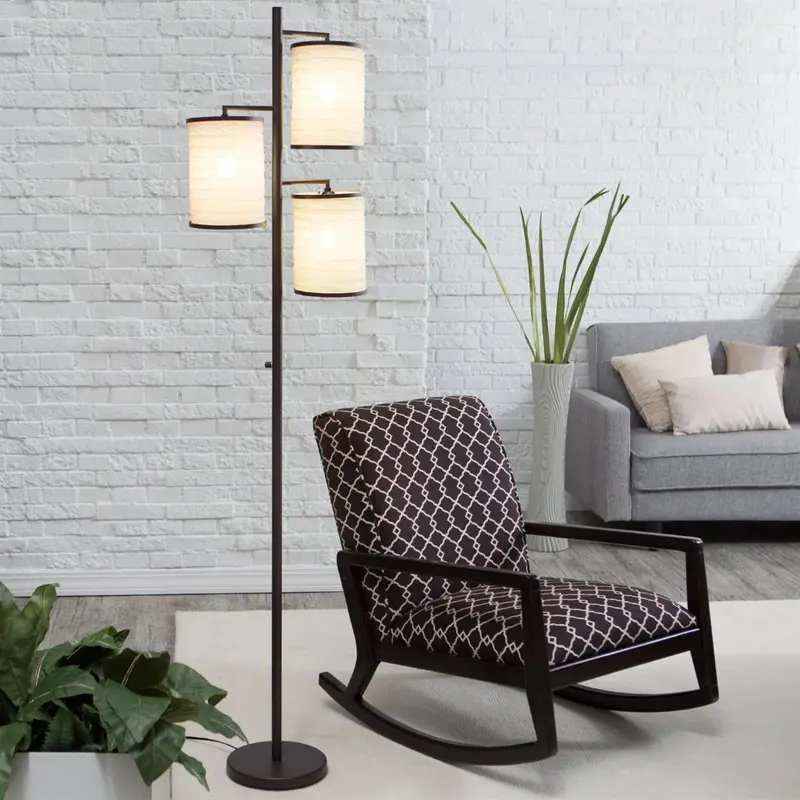 3-Light Tree-Style Floor Lamp In Antique Bronze With White Cotton Fabric Shades 1