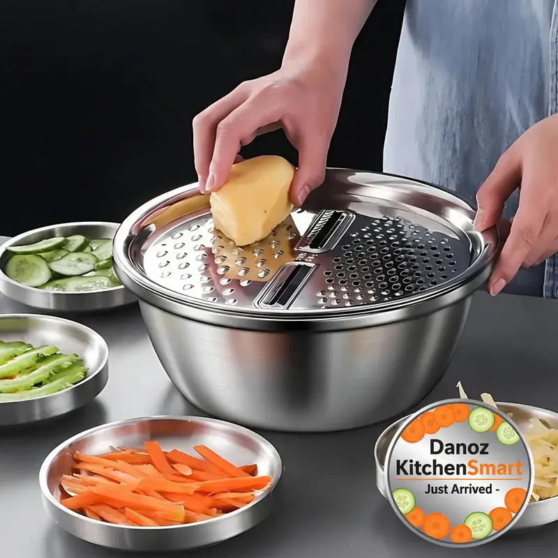 3-Piece Stainless Steel Vegetable Slicer Set – Includes Drain Basket, Washing Basin, And Multi-Use Cutting Tools 1