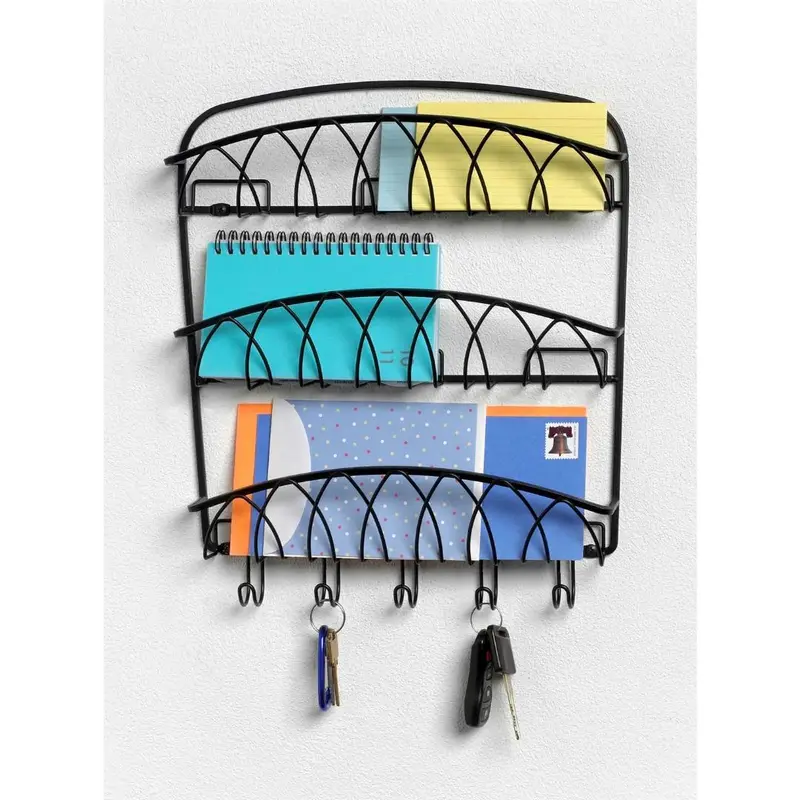3-Tier Black Metal Letter Holder & Key Organizer – Wall-Mount Or Desk Use 1