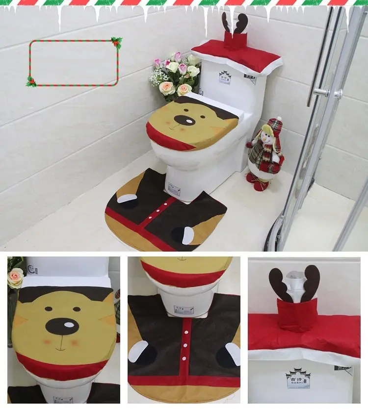 4-Piece Christmas-Themed Toilet Seat Cover & Rug Set – Santa, Snowman & Reindeer Bathroom Decor 1