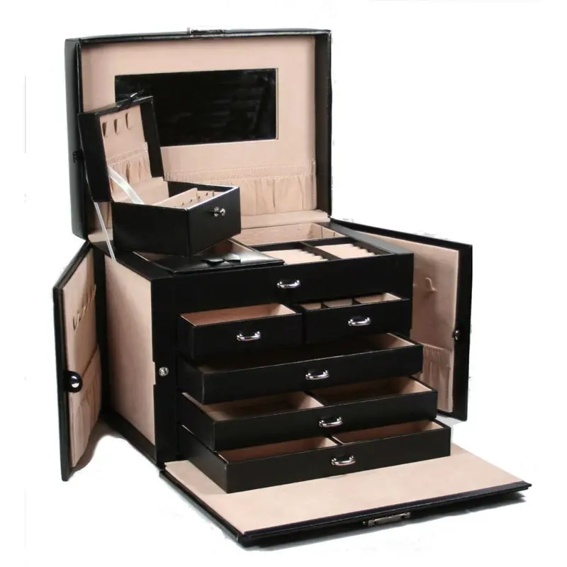5-Drawer Travel Jewelry Case – Black Leather Exterior With Key-Lock Security 1