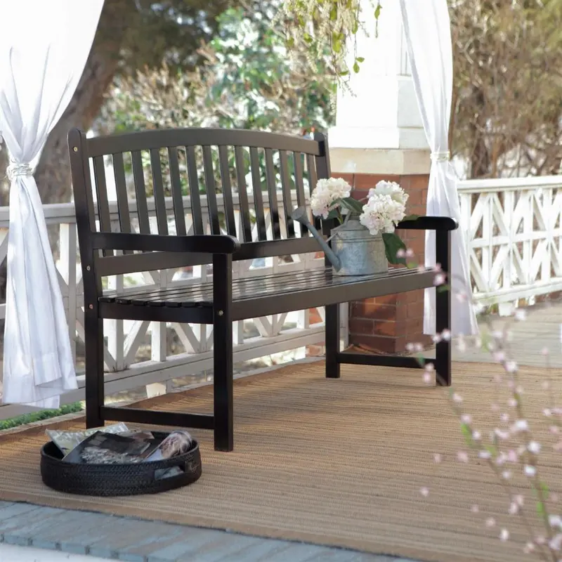 5-Foot Curved Back Garden Bench – Black Woodgrain Finish With Armrests 1