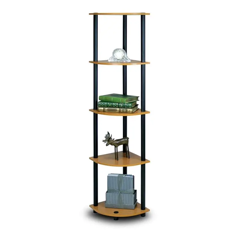 5-Tier Corner Bookshelf Display Unit In Light Cherry And Matte Black Finish 1