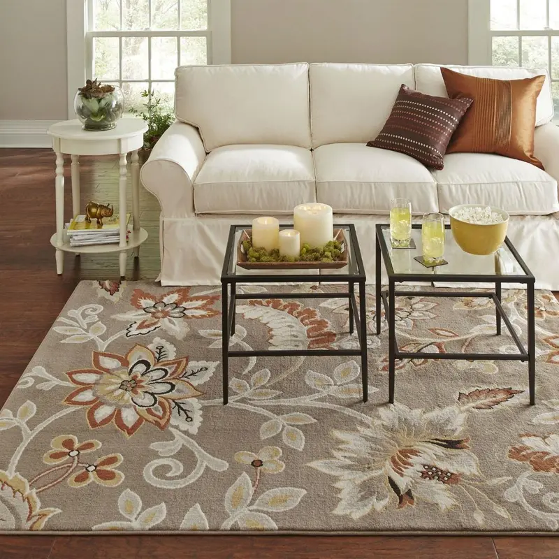 5'2" X 7'2" Hand-Tufted Cotton Area Rug — Beige, Yellow & Orange Floral Design 1