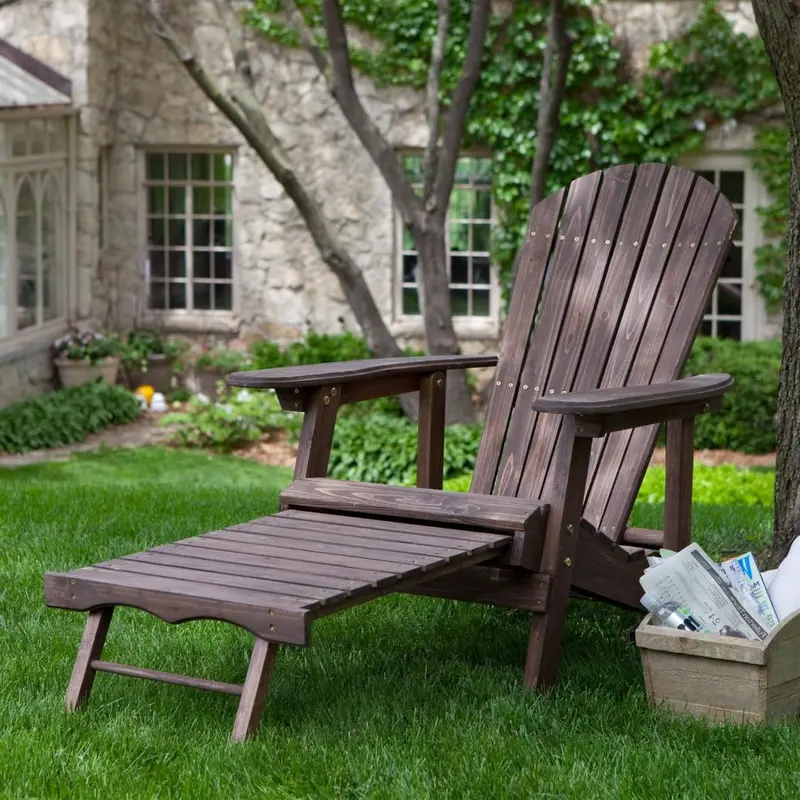 Adirondack Patio Chair In Dark Brown Wood – Features Retractable Ottoman 1