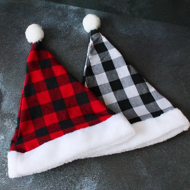 Adult Buffalo Check Santa Hats – Plaid Christmas Headwear With White Fur Trim (2-Pack) 1