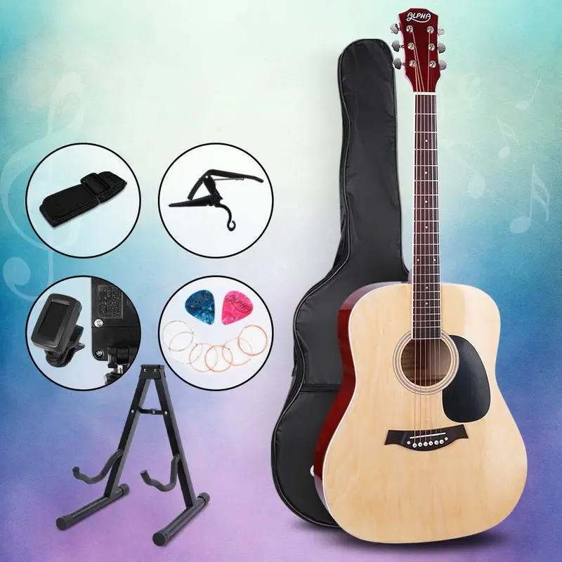 Alpha 41-Inch Dreadnought Acoustic Guitar – Solid Wood Body, Steel Strings & Wooden Stand 1