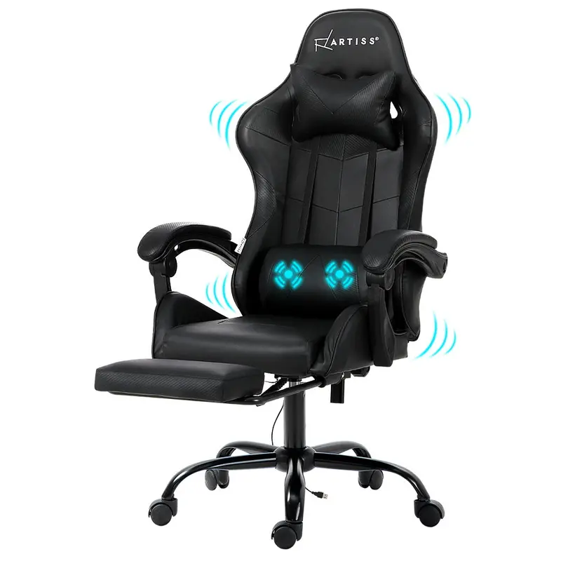 Artiss 2-Point Massage Gaming Chair With Footrest – Black Pu Leather Comfort Seat 1