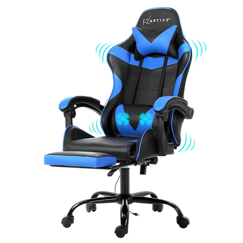 Artiss 2-Point Massage Gaming Chair With Footrest – Blue Pu Leather Ergonomic Design 1