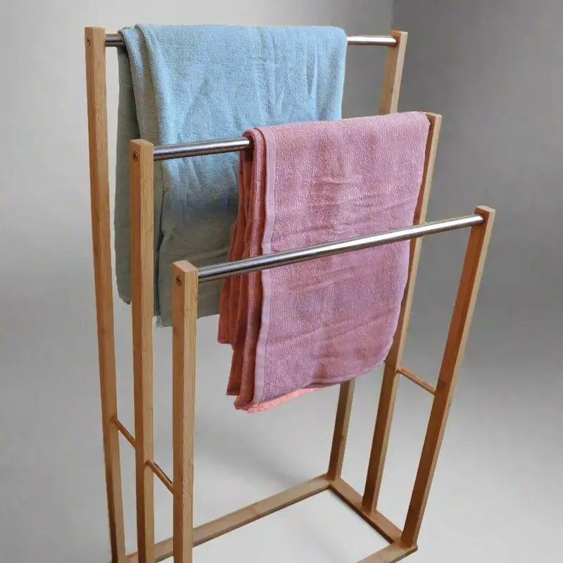 Artiss 3-Tier Freestanding Towel Bar – Bamboo Accents And Metallic Frame For Bath Or Bedroom 1
