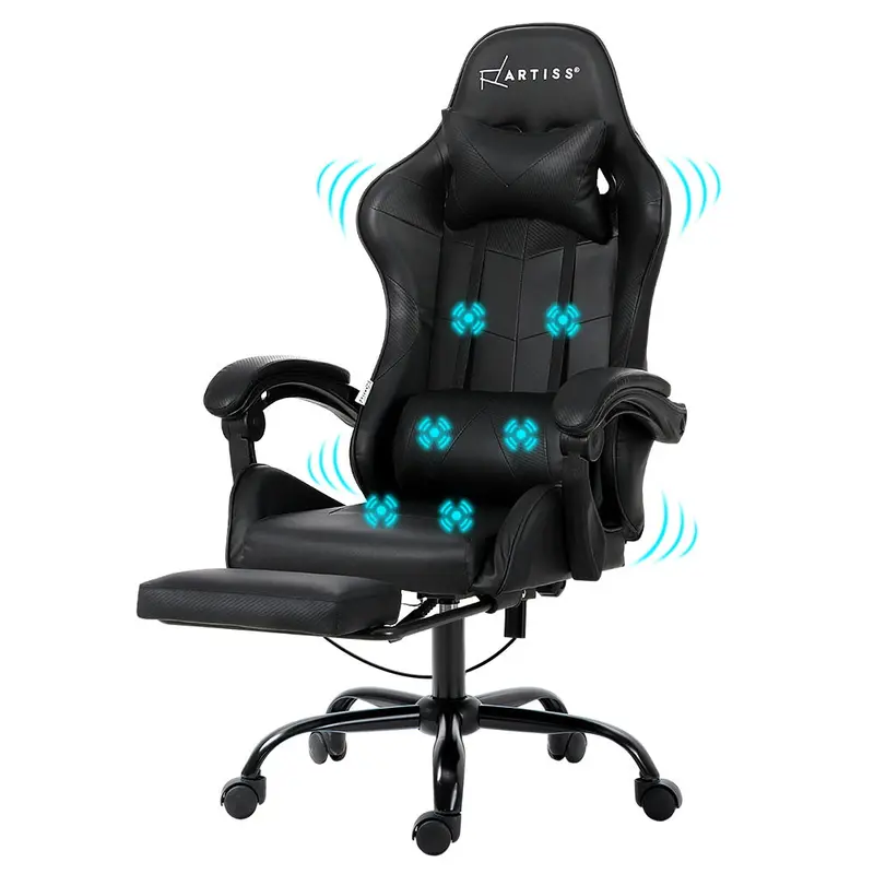 Artiss 6-Point Massage Gaming Chair With Footrest – Black Pu Leather Reclining Seat 1