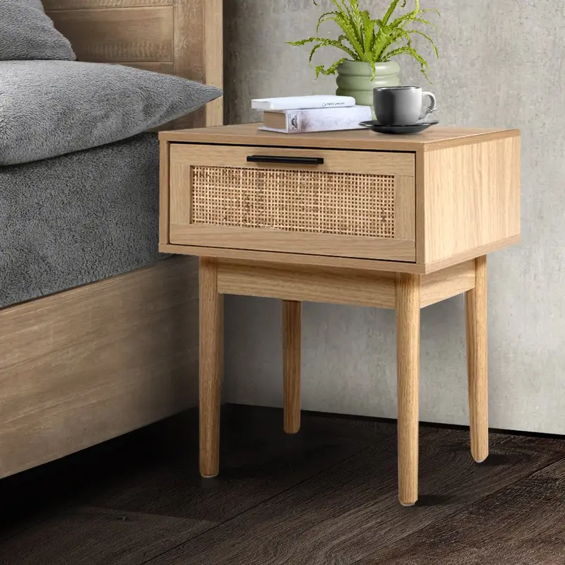 Artiss Rattan Wood Bedside Table – One-Drawer Nightstand With Rustic Charm 1