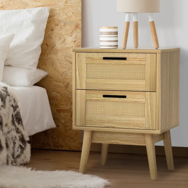 Artiss Rie Oak Rattan Bedside Table – Two-Drawer Wooden Nightstand 1