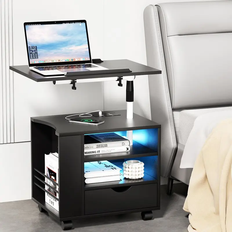 Artiss Tala Bedside Table – Black Nightstand With Usb Charging Port & Adjustable Led Laptop Tray 1