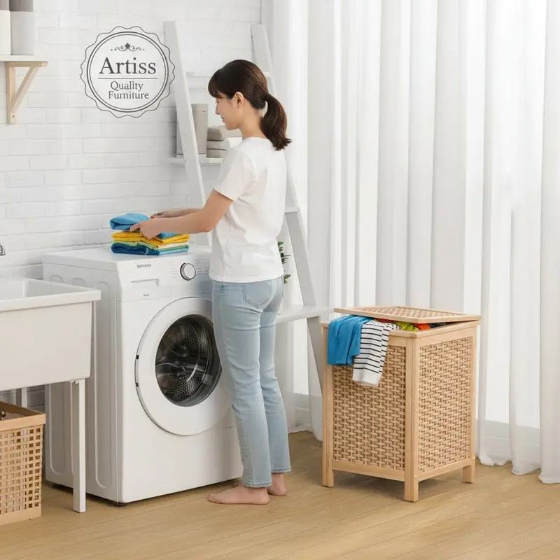Artiss Wooden Laundry Hamper – Multi-Compartment Bathroom Storage Cabinet With Fabric Bin 1