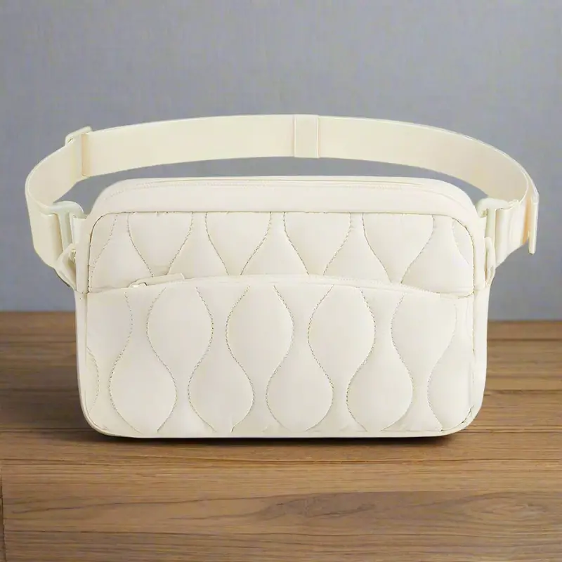 Beige Quilted Belt Bag By Danoz Fashion – Minimalist Nylon Fanny Pack For Hands-Free Daily Wear 1