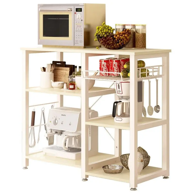 Beige Stainless Steel Baker’S Rack With Removable Wooden Cutting Board 1