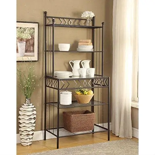 Black Metal-And-Glass Kitchen Baker’S Rack With Open Shelving 1