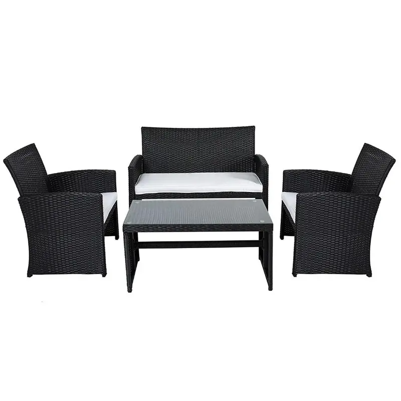 Black Resin Wicker Outdoor Patio Set – 4-Piece With White Padded Cushions 1
