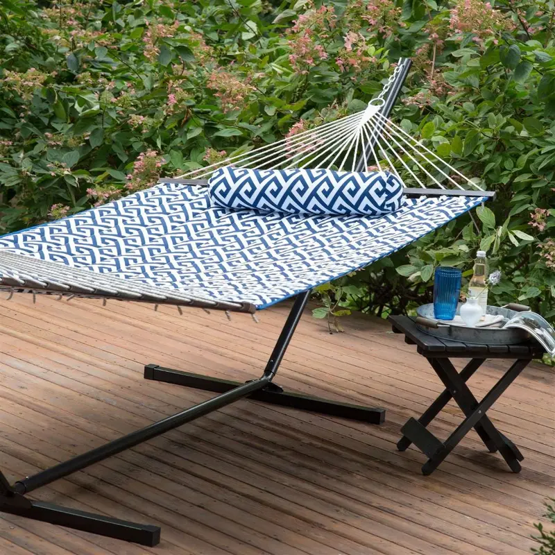 Blue-And-White Meander-Print 11-Foot Hammock With Reinforced Metal Stand 1