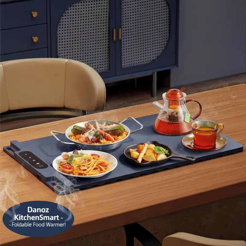 Blue Silicone Food Warming Mat – Roll-Up Thermal Pad With Precise Temp Control & 240W Power – Kitchensmart 1