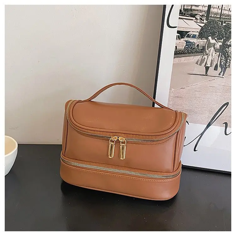 Brown Double-Layer Pu Leather Makeup Bag – Roomy Travel Cosmetic Case By Danoz Fashion 1