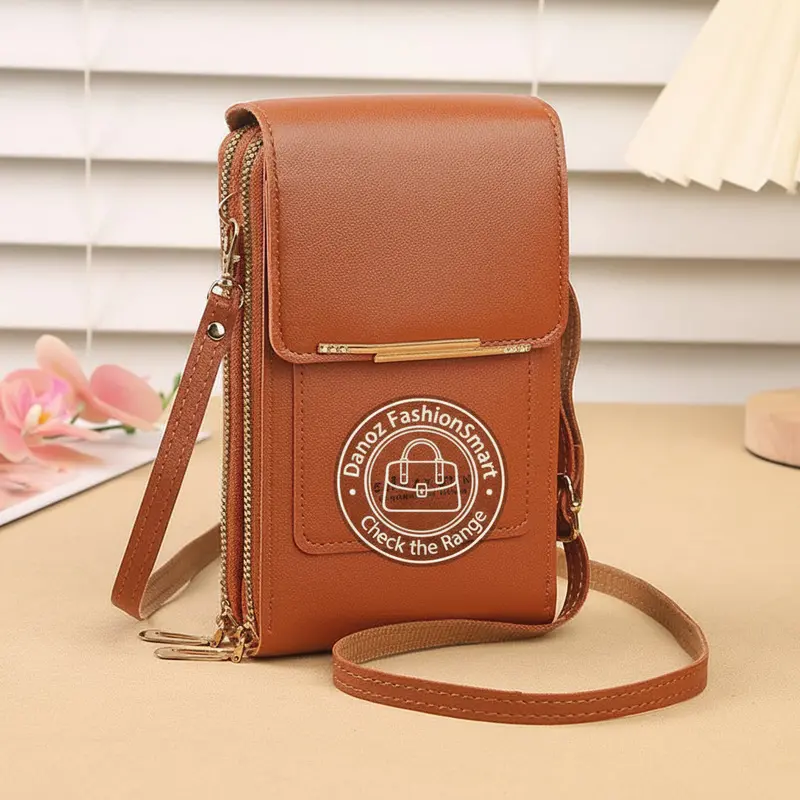 Brown Mini Pu Leather Crossbody Phone Pouch – Stylish Vertical Touchscreen Wallet 1