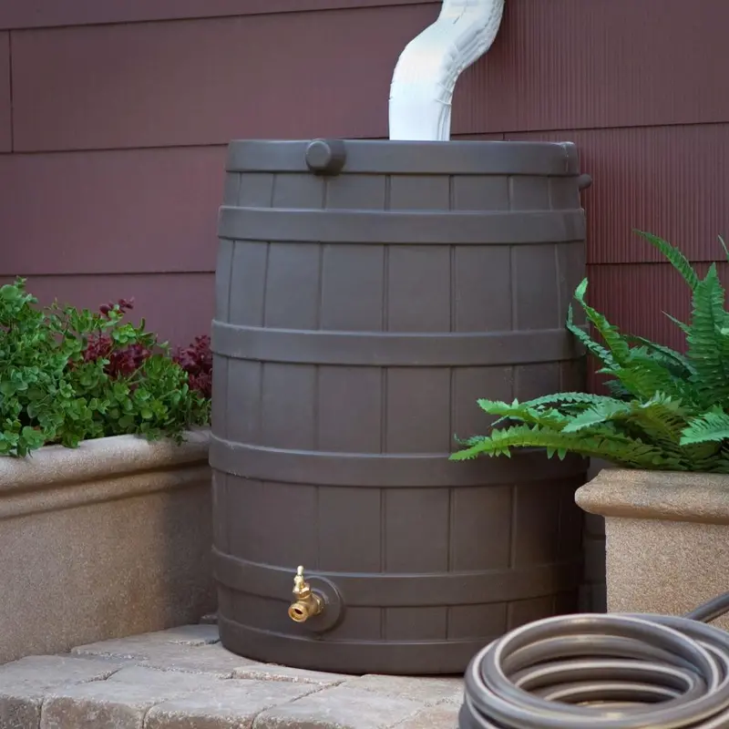 Brown Oak-Finish 40-Gallon Plastic Rain Barrel With Integrated Spigot 1