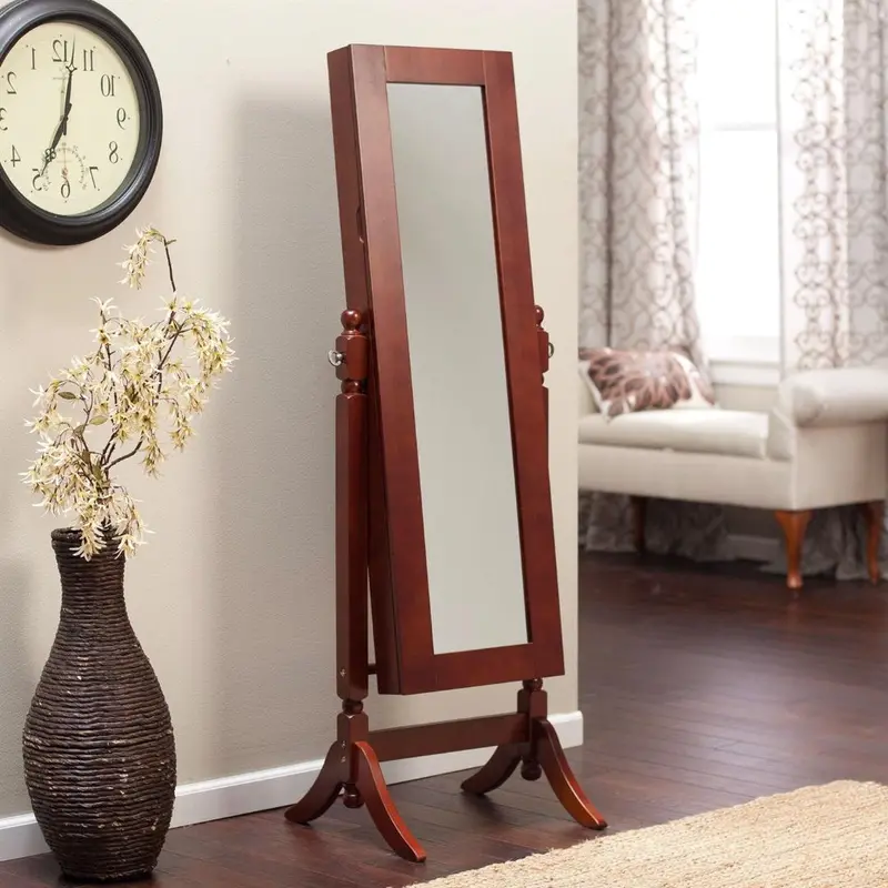 Cherry-Finish Full-Length Tilting Cheval Mirror With Jewelry Cabinet 1