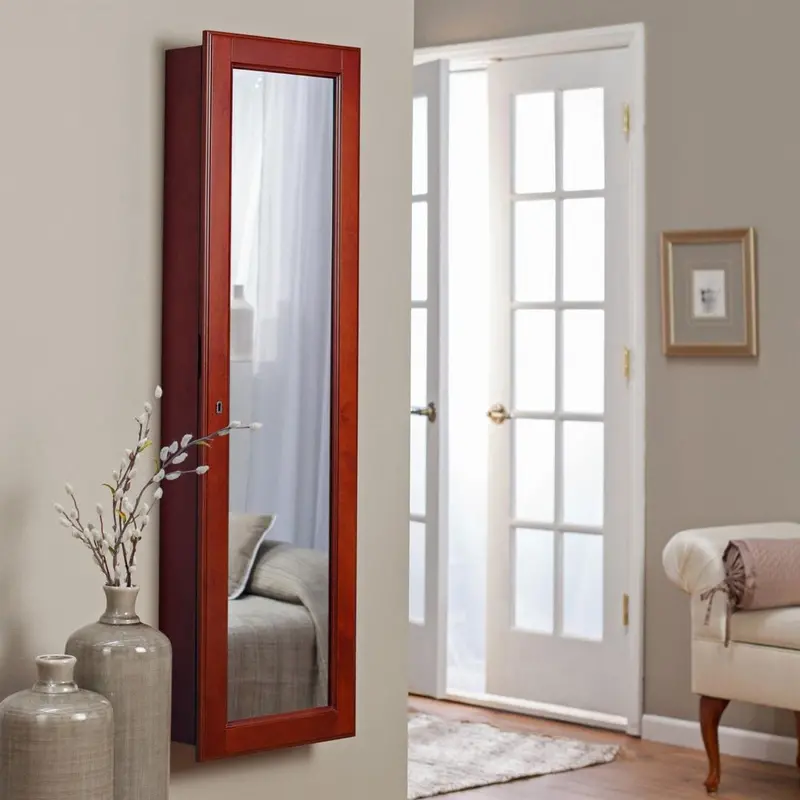 Cherry Wood Wall Jewelry Armoire With Full-Length Mirror And Locking Door 1