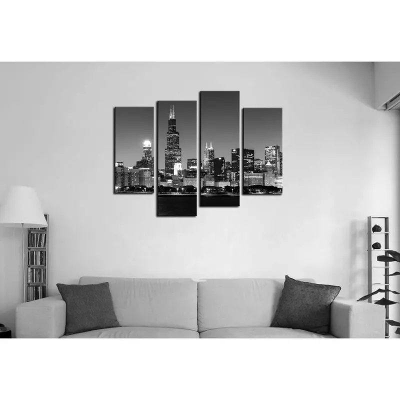 Chicago Skyline Black-And-White 4-Panel Canvas Art Print 1