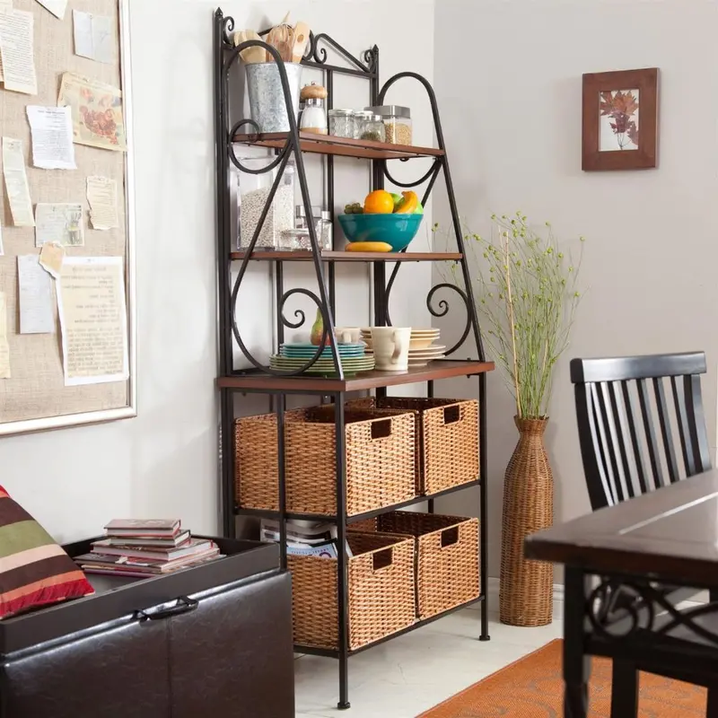Classic Bakers Rack With Metal Frame, Wood Accents & Wicker Basket Storage 1