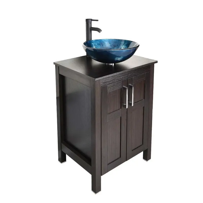 Complete Bathroom Vanity Set – Dark Brown Cabinet With Blue Glass Sink & Faucet 1