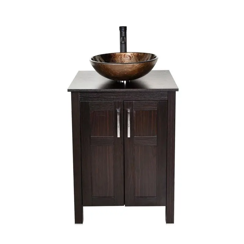Complete Dark Brown Vanity Set: Cabinet, Frosted Glass Sink Top, And Matching Faucet 1