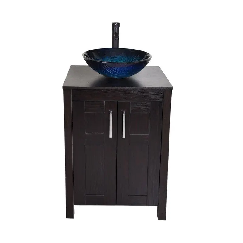 Contemporary Bathroom Vanity Set – Dark Brown Cabinet With Blue Glass Sink & Included Faucet 1