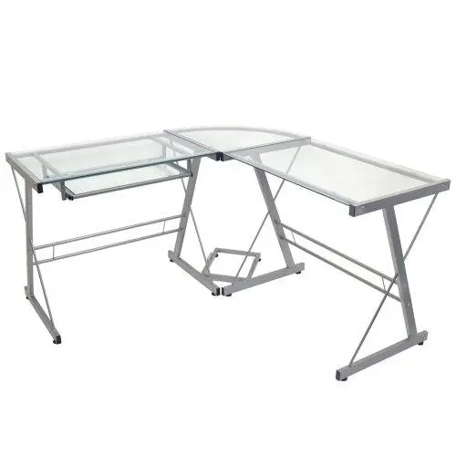 Contemporary Corner Computer Desk With Metal Frame And Tempered Glass Top 1