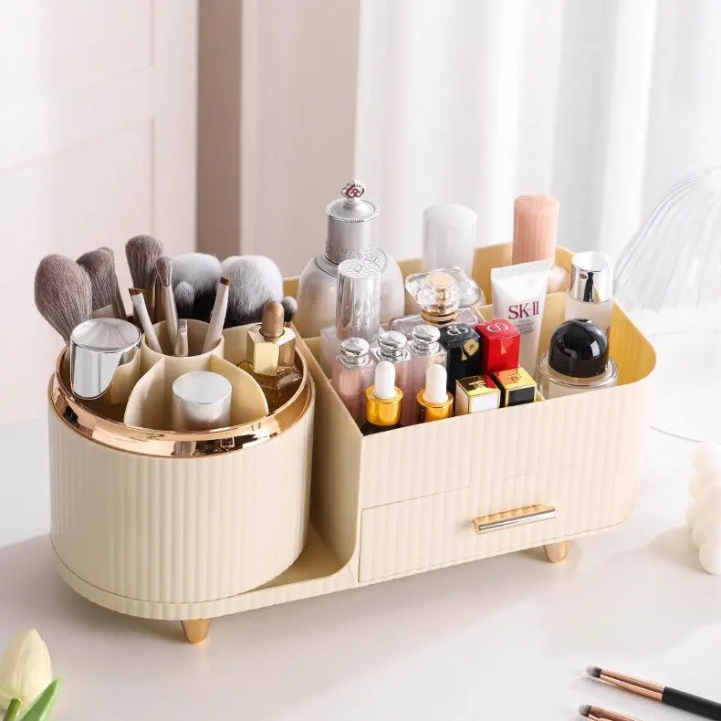 Cream Rotating Cosmetic Organizer – Multi-Compartment Dustproof Makeup Storage Box 1