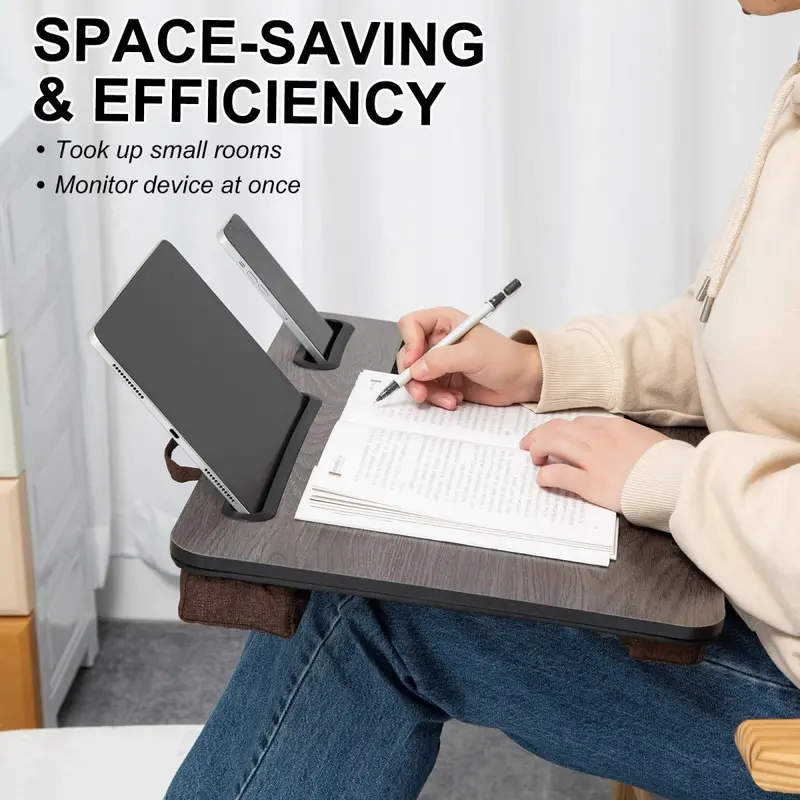 Cushioned Lap Desk With Tablet & Phone Holder – Iron Grey Oak-Finish Portable Workstation 1