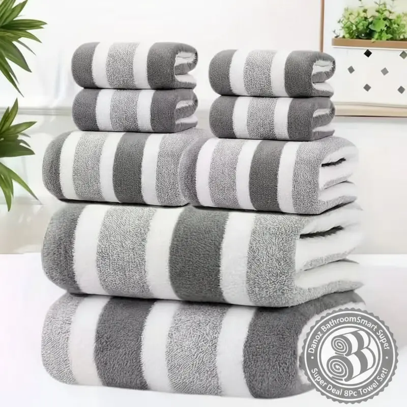 Danoz Bathroomsmart 8-Piece Grey Coral Fleece Towel Set – Ultra-Soft, High-Absorbency Luxury Bath Bundle 1