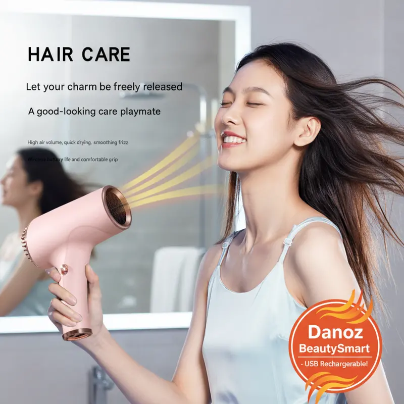 Danoz Beautysmart Pink Ionic Cordless Hair Dryer – Lightweight Usb-Rechargeable Travel Blow Dryer With Cool Air Mode 1