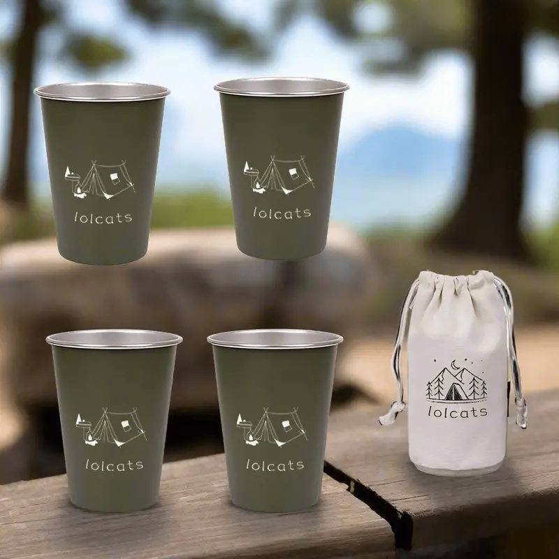 Danoz Camping Stainless Steel Travel Cup – Eco-Friendly 350Ml Green Outdoor Drinkware Set (4-Pack + Carry Bag) 1