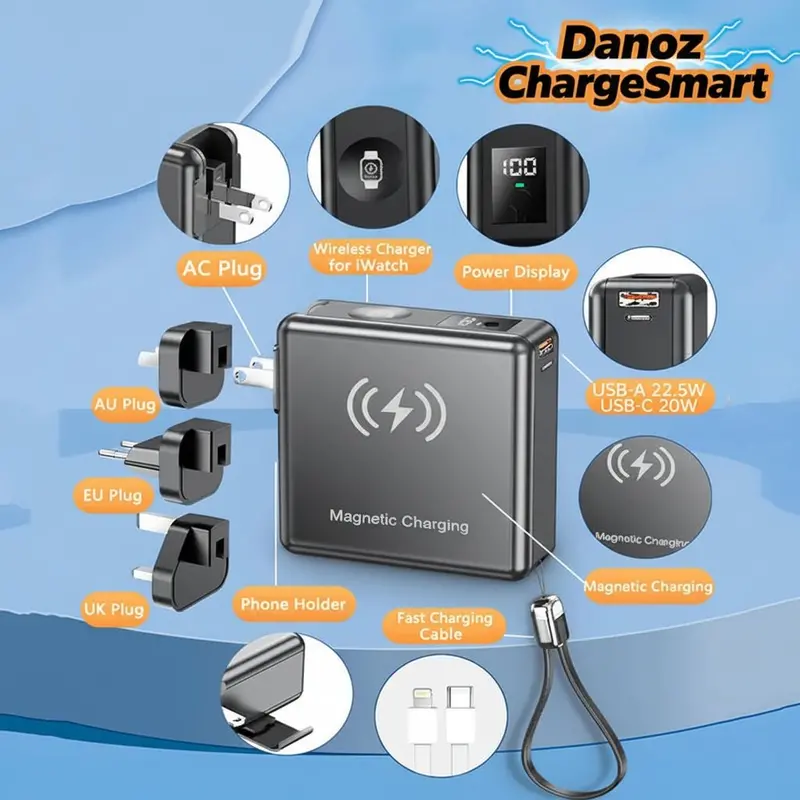 Danoz Chargesmart Global Magnetic Power Bank – 15000Mah Wireless Charger With Interchangeable International Ac Adapters 1