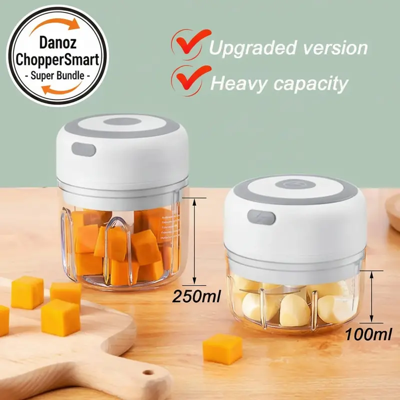 Danoz Choppersmart Usb-Rechargeable Food Chopper – 3-Blade Design With 250Ml + 110Ml Containers For Veggies, Garlic & More 1