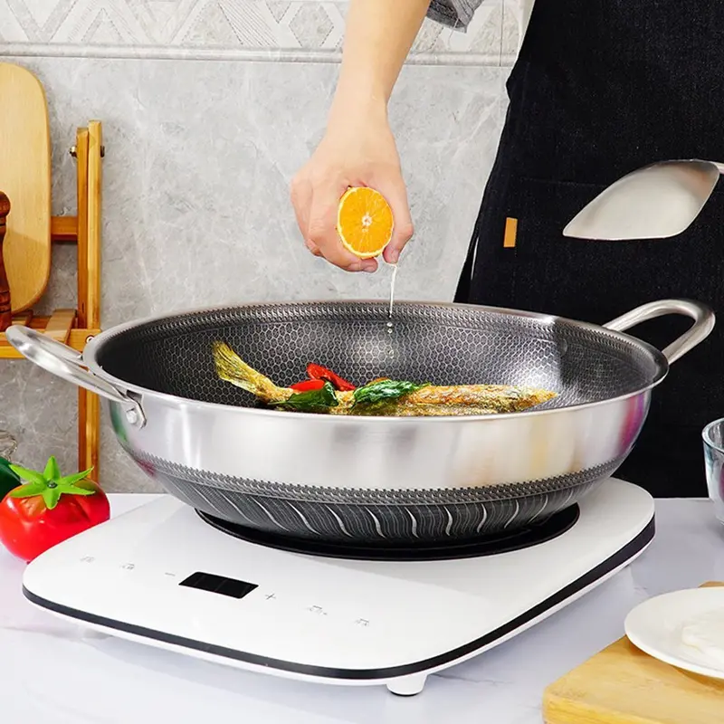 Danoz Cooksmart 304 Stainless Steel Stir-Fry Wok – 38Cm Double-Ear Non-Stick Honeycomb Pan With Lid 1