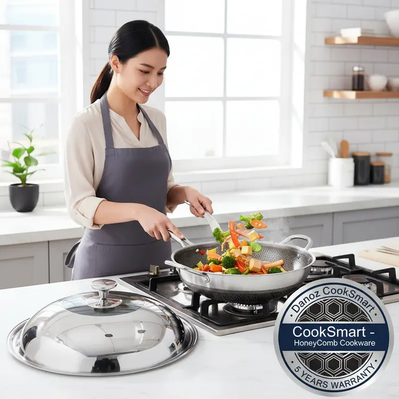 Danoz Cooksmart 34Cm Double-Ear Wok Pan – 316 Stainless Steel Honeycomb Non-Stick Stir-Fry Cookware With Lid 1