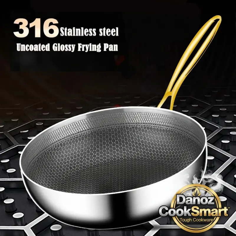 Danoz Cooksmart Honeycomb 316 Stainless Steel Wok Pan – Non-Stick Induction & Gas-Compatible Frying Pan 1